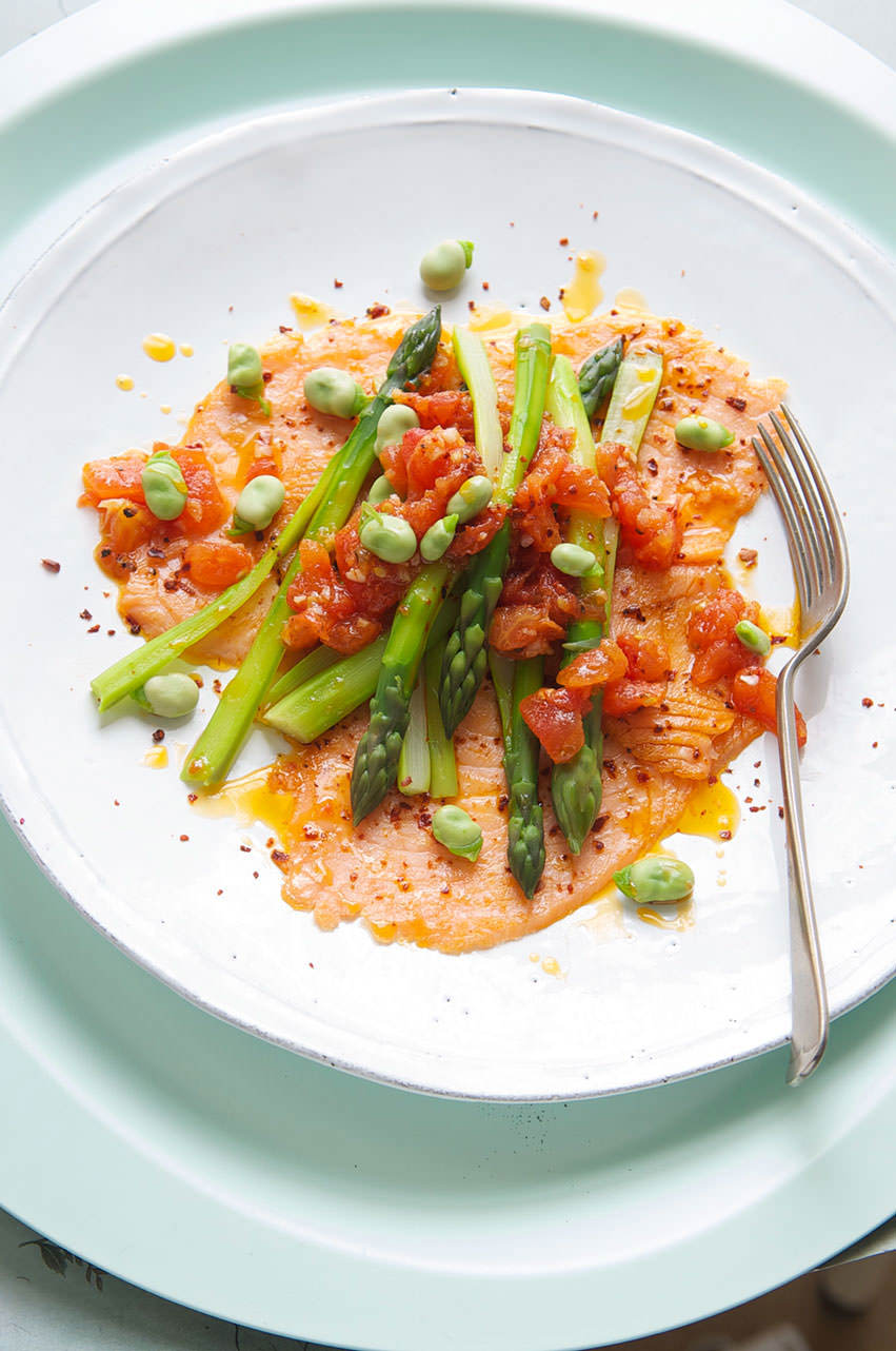 Seared Smoked Salmon With Asparagus Broad Beans Tomato And Garlic Oliveoil