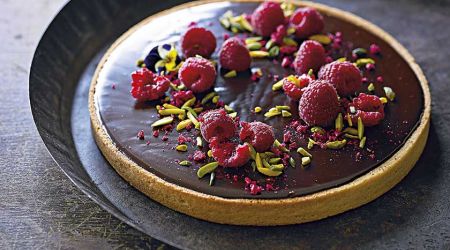 Chocolate ganache tart with fresh raspberries