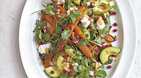 Cumin-coriander roast carrots with pomegranate and avocado