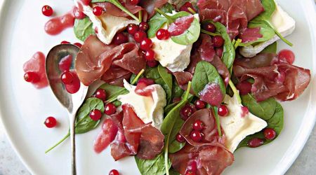 Chaource, baby spinach, redcurrant and bresaola salad with redcurrant vinaigrette