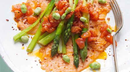 Seared Smoked Salmon With Asparagus Broad Beans Tomato And Garlic Oliveoil