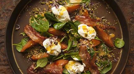 Roast quince with spinach, labneh and dukkah