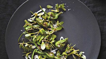 Charred Padróns, purslane and vinegared torpedo onions