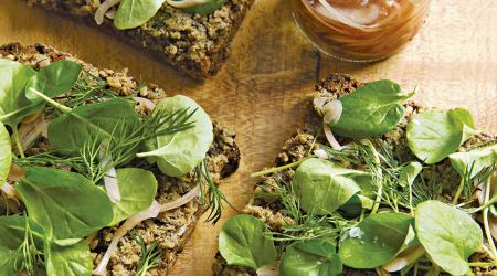 Burdock and mushrooms on Danish rye